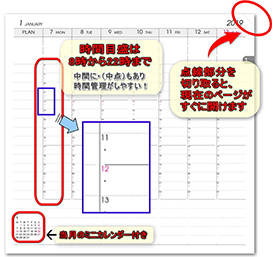 時間目盛は8時から22時まで 点線部分を切り取ると、現在のページがすぐに開けます 前月のミニカレンダー付き