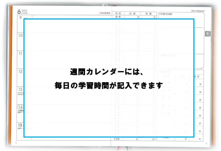 週間カレンダーには、毎日の学習時間が記入できます。