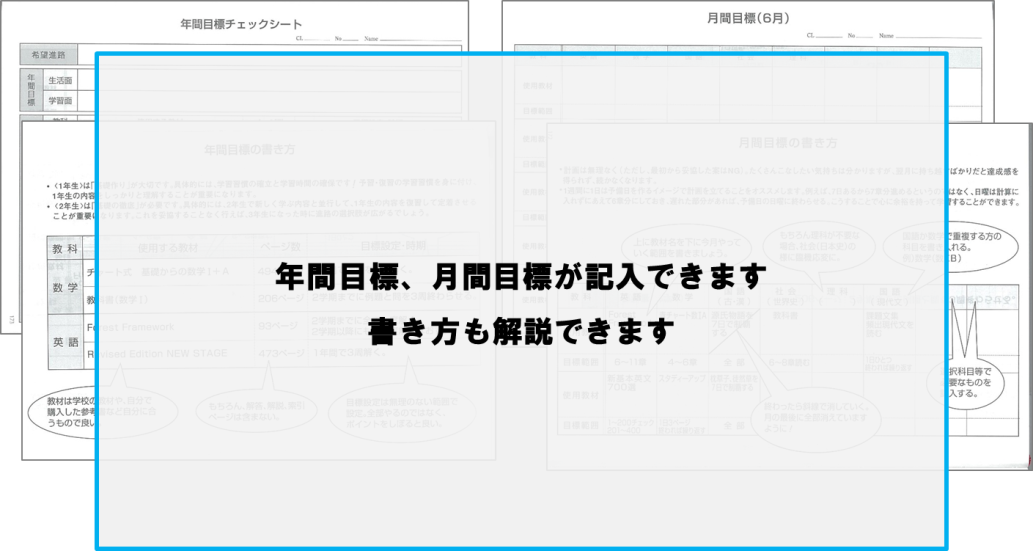 年間目標や月間目標が記入できます。書き方も解説できます。